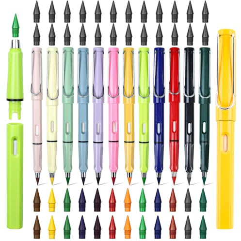 CHENGCKJ 12 Stk Bunte Ewiger Bleistift, Bleistifte mit 48 Wechselkopfm und Radiergummi Tintenloser Bleistifte Set Infinity Magic Pencil Unendlicher Bleistift für Erwachsene