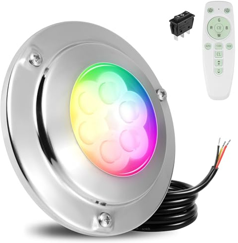 Goldlife 6,000LM Marine Underwater LED Light for Boat, B4-1 RGBW w/RF Remoter, 4.3 60W DC10-30V 6LED, Dimmable Color-Changing IP68 Submersible Yacht Transom Pontoon Light Surface Mount 316 Stainless
