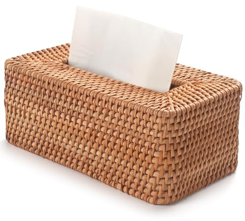 YANGQIHOME Kosmetiktuchbox aus Rattan, nachfüllbare Tücherbox für Kosmetik- und Taschentücher, handgeflochtene Taschentuchbox für Wohnzimmer, Esstisch, Schlafzimmer, 26 x 10,5 x 15,5 cm, Natur