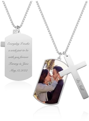 JSDDE Personalisiert Kette mit Fotogravur und Textgravur, Dag Tag Kreuz Anhänger Halskette mit Farbfotos Gravur, Memorial Kette mit Bild, personalisiertes Geschenk für Damen Herren