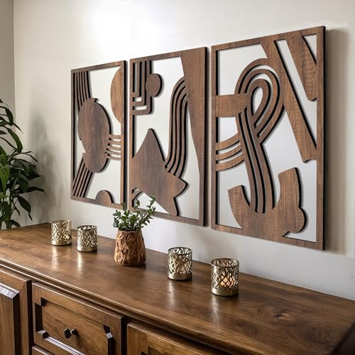 qmmp Moderne Wandskulpturen aus Holz – 3er-Set – Wohnkulturakzent – große Wandkunst für Wohnzimmer, Schlafzimmer, Büro – einfache Installation (Walnuss, groß – abstrakte Formen)