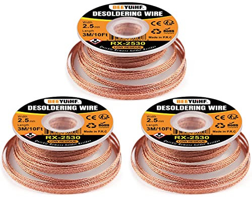 BEEYUIHF Desoldering Wick Braid, Solder Wick Braid with Flux, No-Clean Electronic Desoldering Copper Wire, Width 0.10'' Length 9.8' (Pack of 3Pcs)