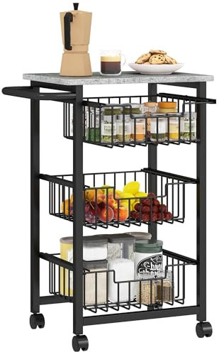 HOMCOM 3-Tier Kitchen Island on Wheels, Rolling Kitchen Storage Trolley with 3 Pull-Out Mesh Baskets, Mobile Utility Serving Cart, Light Grey