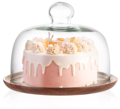 AHAQU Soporte para tartas con tapa de cúpula, plato de madera de 20,5 cm con cubierta de vidrio, soporte de exhibición de pasteles con cúpula para bodas, cumpleaños, fiestas