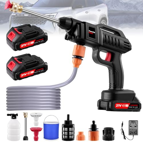 Akku Hochdruckreiniger, 21V 60Bar Mobile Akku-Hochdruckreiniger mit 2 Akku, 3-in-1 Düse, 5m Schlauch Tragbarer hochdruckreiniger für Auto, Terrasse, Fenster, Rasen