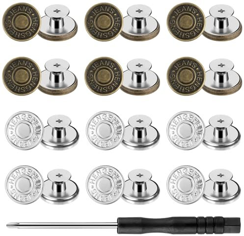 Qianyu 12 Stück Hosen Ersatz Knöpfe Button Pins 17mm Ohne Nähen Verstellbare Messing Jeansknöpfe Stecken mit Schraubendreher DIY Metall Hosenknopf für Reparatur von Jeans (Bronze+Silber)
