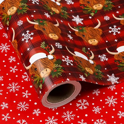 RUSPEPA Wendbares Weihnachtsgeschenkpapier mit Kuhmotiv – Mini-Rolle – 43,2 cm x 10 m – Hochlandrind-Geschenkpapier mit Schneeflocke für Weihnachten, Partys und Feiern
