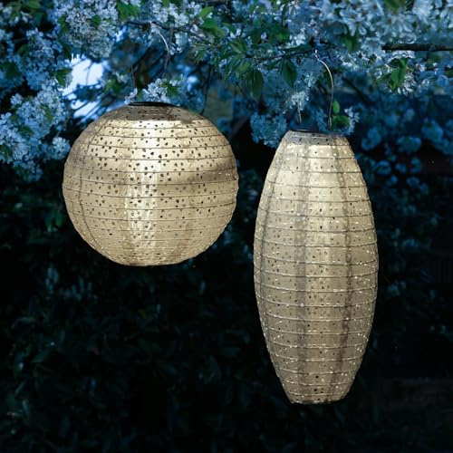 LED Solar Lampion oval und rund mit Blumenmuster beige 25cm für Party Balkon Terrasse outdoor Gartenlampion mit Sensor wetterfeste Solarlampe hängend Laterne (beige - 2 Stück (rund, oval))