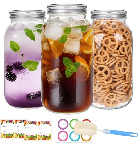 EkkoVla 1.9 L Wide Mouth Glass Mason Jars 64 oz with Airtight Lids and Bands- 1/2 Gallon Clear Storage Containers for Canning, Fermenting, Storing, Pickling