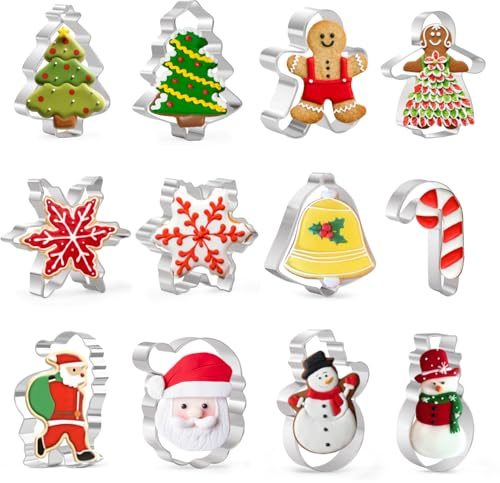 Lot de 12 emporte-pièces de Noël - Accessoires de cuisson - Père Noël, bonhomme de neige, flocon de neige, béquille, sapin de Noël, bonhomme en pain d'épices, cloches pour la pâtisserie