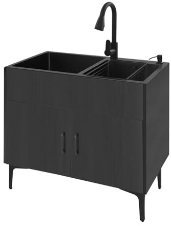 Spültisch 80 cm Breit Küche Spüle mit Unterschrank 2 Becken Ausziehbar Küchenarmatur Abtropffläche Seifenspender Abflussrohr Abflusssieb 360° Drehbarer Wasserhahn Ablauf (Schwarz)