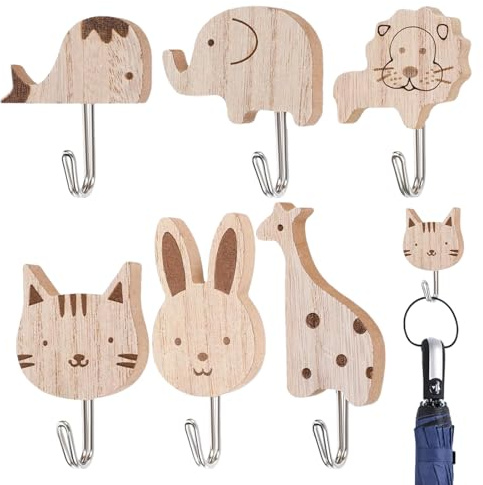 Jingyash Crochets Porte-Manteaux Décoratifs - 6 Pièces en Forme d'Animaux pour Chambre d'Enfant,Porte-Serviettes Cartoon Auto-Adhésif pour Vêtements Clés Chapeaux Sacs Bijoux Salle de Bain Chambre