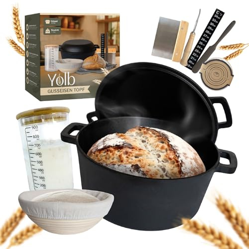 Yolb sauerteig Brotbacktopf – Gusseisen Topf mit Deckel (Dutch Oven), Sauerteig-Starter-set mit zubehör, brotbackform – Komplettes XL-Sauerteig Brotbackkit zum Brotbacken im Ofen.
