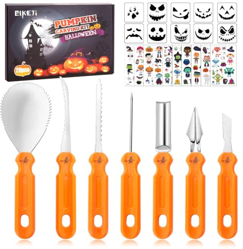 EIKEJI Kürbis Schnitzset, 28 Stück Halloween Kürbis Schnitzwerkzeug DIY Halloween Dekoration Kürbis Schnitzen Set mit Schnitzvorlagen, Edelstahl Kürbis Schnitzmesser für Kinder Erwachsene und Familie
