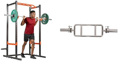 Sunny Health & Fitness Power Zone Strength Rack Power Cage - 455 KG Weight Capacity, Spotter Bar + 86 cm Olympic Triceps Bar with Ring Collars, Olympic Weight for Weightlifting and Bodybuilding
