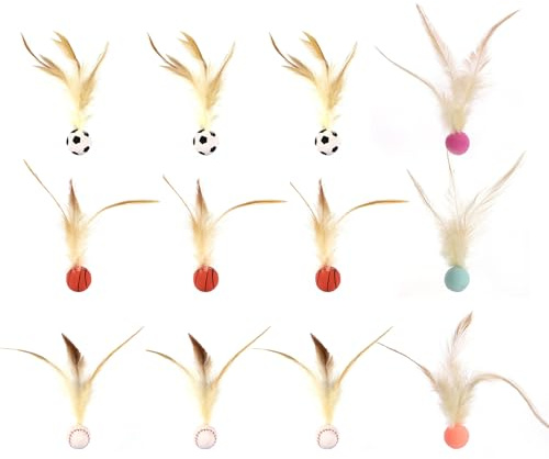 Aevorant 12PCS Pelota Rebote para Gatos con Plumas, 3cm Ø Juguete Gato Interactivo, Pelota Interactiva para Gatos Que Rebota para Interiores como Exteriores