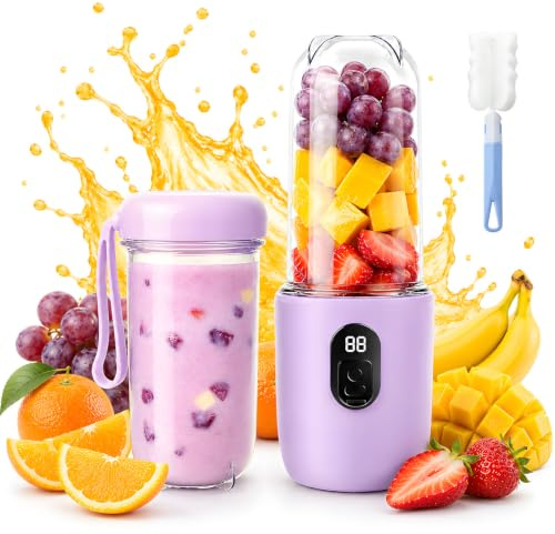 Frullatore Portatile, Mini Frullatore Portatile con Display Digitale, Ricaricabile Smoothie Maker con Spazzola per la Pulizia, Frullatore Elettrico PORTATILE per Succhi di Frutta Frullati, Viola