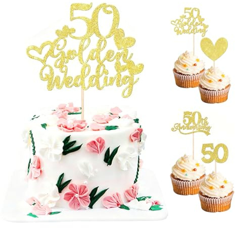 ARYIMYDP 13 Piezas Decoración para Tarta de Bodas de Oro con Topper 50 Golden Wedding y 12 Pequeñas Decoraciones, Ideal para 50 Aniversario de Boda, Fiestas y Cupcakes