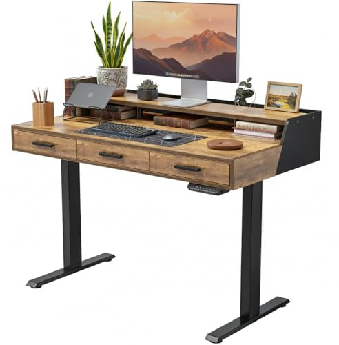 FEZIBO Electric Standing Desk with 3 Drawers & Monitor Stand Shelves, 140 * 60cm Height Adjustable Sit Stand Home Office Ergonomic Desk, Splice Board,Rustic Brown