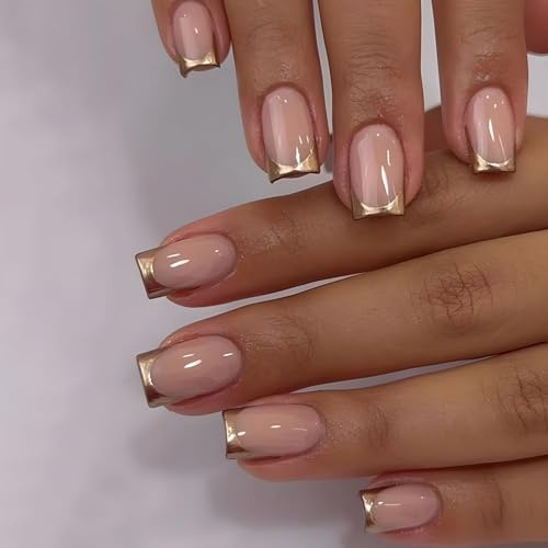 Goldene French-Tip-Kunstnägel zum Aufkleben, mittelgroß, quadratisch, nudefarben, rosa, vollflächig, glänzend, goldchromfarben, Acryl, künstliche Fingernägel für Frauen und Mädchen, Maniküre-Dekoratio