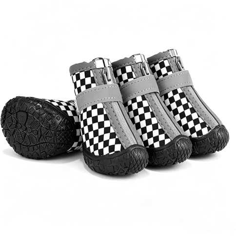 wasserdichte Hundeschuhe 4 Stück, Hundestiefel mit Reflektierendem Band und Rutschfester TPR-Sohle, Pfotenschutz für Spaziergänge im Regen für Kleine Hunde (Schwarz-Weiß Karo, 1)