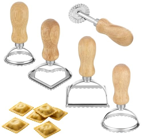 5 Pcs Pasta Maker Set, Ravioli Stamp Cutter Set with Pastry Wheel, Dumpling Press Cutters with Wooden Handle, Pasta Press Tools for Ravioli, Pierogi, Empanada, Cookie