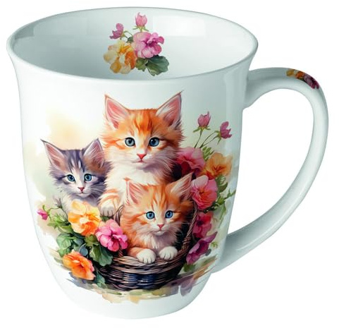Ambiente Porzellan Tasse, Bone China Becher, 400ml, Ø 10cm x H 10,5cm, für Tee oder Kaffee, Kätzchen Design Kittens in Basket