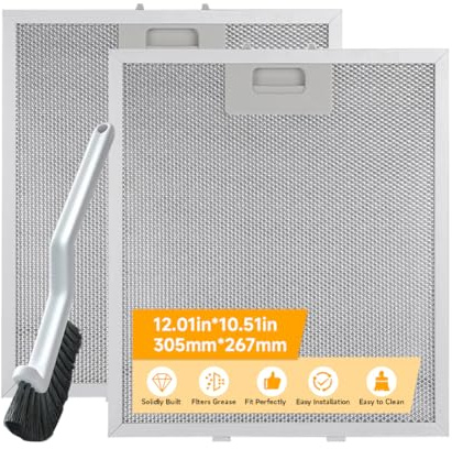 Cowhilan 2 Pcs Cooker Hood Grease Filter 305x267x9mm 5-Layer Aluminium Mesh | Replacement Kitchen Cooker Hood Filters with Brush, for Extractor Fans and Many Leading Range Hoods, Easy to Install & Clean