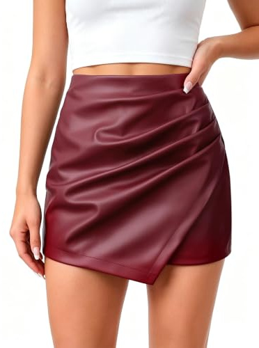 LEACOOLKEY Women Faux Leather Skirt High Waisted Pencil Skorts Stretchy Short Skirt with Asymmetrical Hem Burgundy Skort for Dressy Casual,Burgundy,L