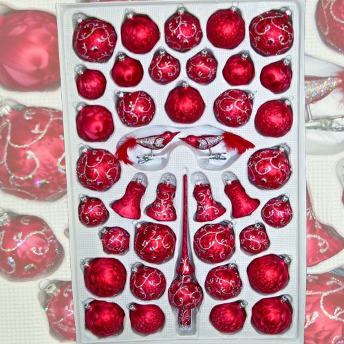 Lauschaer Glaskunst-Christbaumschmucksortiment - Baumschmuckset 39 Teile - Mundgeblasen - Roter Eislack - Lauschaer Glaskunst - Weihnachten