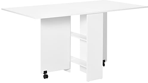 HOMCOM Tavolo da Pranzo Pieghevole, Tavolo Cucina a Ribalta per 6 Persone, Scrivania Richiudibile Salvaspazio con 2 Ripiani Aperti e Ruote a Freno, per Soggiorno, Ufficio, 140x75x74cm, Bianco