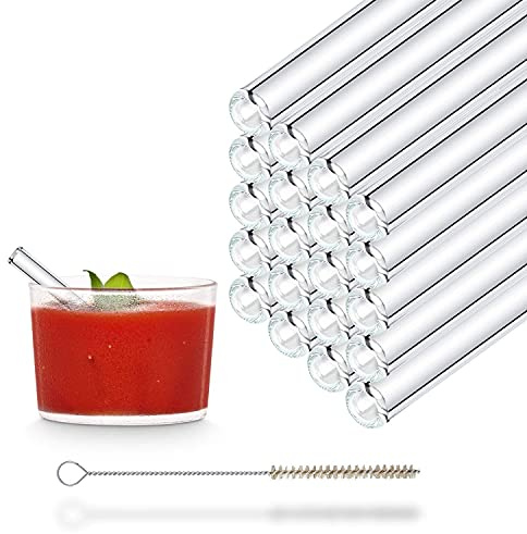 HALM Glas Strohhalme Wiederverwendbar Trinkhalm - 20 Stück kurz gerade 10 cm + plastikfreie Reinigungsbürste - Spülmaschinenfest - Nachhaltig - Glastrinkhalme Glasstrohalme für Shot-Gläser