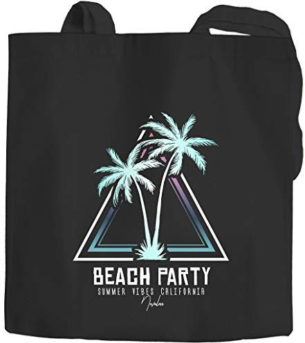 Autiga® Jutebeutel Palmen Beach Party Baumwolltasche Stoffbeutel schwarz 2 lange Henkel