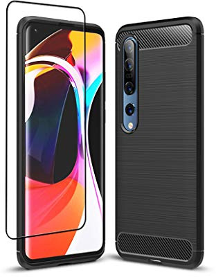SDTEK Case Compatible with Xiaomi Mi 10 Pro/Mi 10, Full Body Front and Back 360 Protection Carbon Fibre Cover with 3D Tempered Glass Full Screen Protector