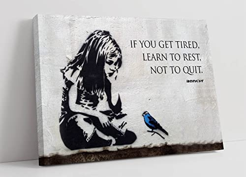 Gerahmter Kunstdruck auf Leinwand, Motiv: Banksy Girl, blauer Vogel, 91 x 60 cm