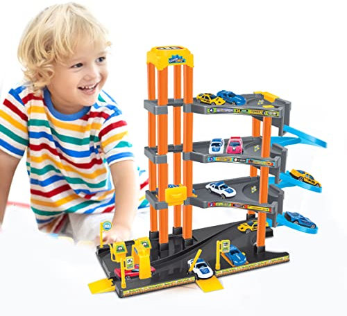 Koolbitz Kids 4-Storey Large Car Parking Lot and Garage Playset Toy with Lift, Spiral Ramps, Fuel Station, Service Area and 4 Cars, 4 Floors of Parking Garage Pretend Play for Boys and Girls ages 3+