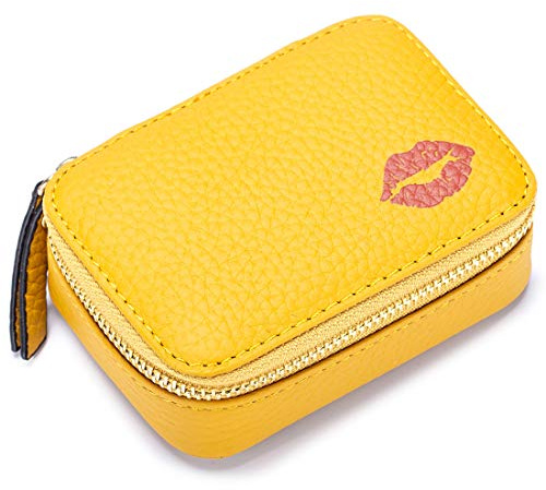 Aileder Mini étui à rouge à lèvres avec miroir en cuir véritable - Petite pochette de voyage pour maquillage - Kit de rangement pour femmes et filles, jaune, S, Trousse de maquillage