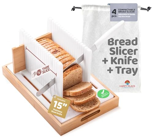 Happy Place Products Adjustable Bread Slicer for Homemade Bread Loaves Bagels – Manual Bread Cutter with Crumb Tray – Durable Bread Slicing Guide HDPE 12x8x6.5 – Easy to Clean and Use