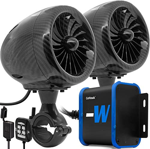 GoHawk TJ4-W - Amplificador impermeable negro de carbono de 4 pulgadas, rango completo Bluetooth para motocicleta, altavoces estéreo de 1 a 1.25 pulgadas. Sistema de amplificador de audio para montaje