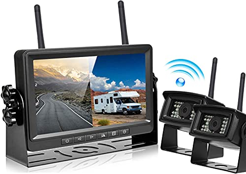 Podofo Rückfahrkamera Kabellos AHD mit Monitor 7'' HD Digital Signal 2 Geteilter Bildschirm IP69 Wasserdicht Weitwinkel Nachtsicht Für Wohnmobil Wohnwagen Camper LKW KFZ DC 12V-36V mit Autoladegerät