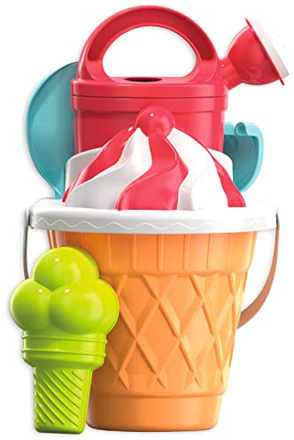 Simba 107114560 - Eimergarnitur Eiswaffel, 6 Teile, Höhe 17cm, Durchmesser 18cm, Sandspielzeug, Sandform, Rechen, Schaufel, Gießer, Eimer, Sieb