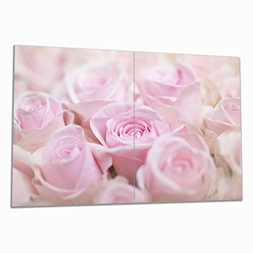 Wallario Herdabdeckplatte/Spritzschutz aus Glas, 2-teilig, 80x52cm, für Ceran- und Induktionsherde, Rosafarbene Rosenblüten im Strauß