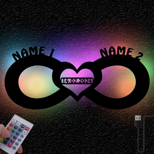 Namofactur personalisiertes Unendlichkeitszeichen mit RGB-Licht | Mit Namen und Datum – USB-Anschluss, Fernbedienung und Farbwechsel für romantische Raumdekoration