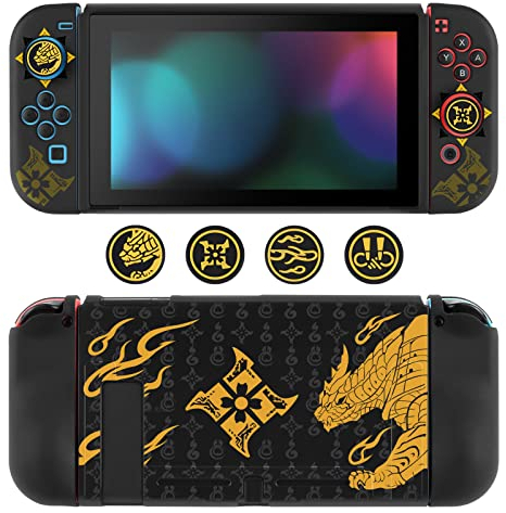 DLseego Coque Compatible avec la Switch, Étuis de Protection en TPU Souple pour la Switch, avec 2 Housses Souples pour Le Joycon et 4 Thumb Grip Caps, éléments de Jeux Anime, Chasseur de Monstres