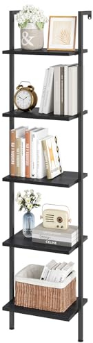 ELYKEN Ladder Shelf, 5-Tier Wood Wall Mounted Bookshelf with Metal Frame, Vintage Open Display Organizer Rack, Leaning Storage Shelves for Living Room, Bedroom, Home Office, Black
