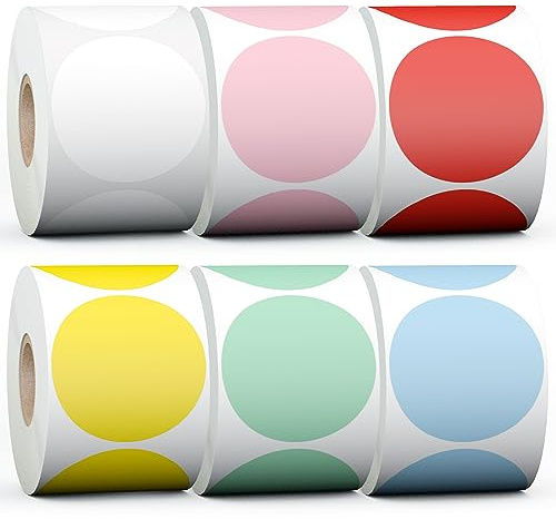 Misofuki 2 4500 Labels 6-Color Assorted Circle Direct Thermal Stickers Label Rolls Bulk Set Compatible for Zebra Rollo MUNBYN POLONO & Other Thermal Printers,Self-Adhesive Round Direct Thermal Labels