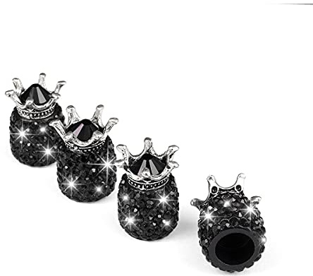 CGEAMDY 4 Stück Luftventilkappen KFZ, Crown Crystal Strass Reifenkappen, Reifenventil Staubkappen, Bling Ventilkappen Handgefertigte Universal Auto Zubehör (Schwarz)