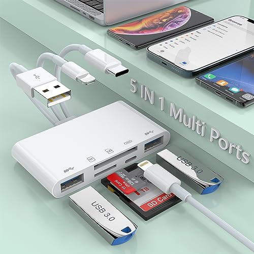 Lettore di schede SD TF 5 in 1 per iPhone/iPad/Android/Mac Book/Computer/Tablet/Camera, adattatore USB OTG USB C e USB A con slot per schede Micro SD e SD, supporta SD/Micro SD/SDHC/SDXC/MMC