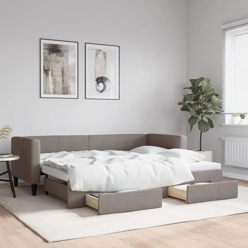 Festnight Tagesbett Ausziehbar mit Schublade, 80 x 200 cm, Ausziehbare 2-In-1-Tagesbett, Jugendbett mit Schublade, Schlafsofa, Couchbett 80 x 200 cm, Taupe Stoff