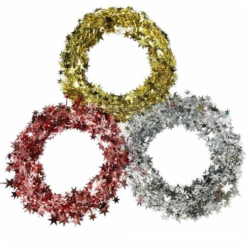 Egurs 3 Stück Sterne Girlande Weihnachten Lametta Girlande mit Draht Glitzer Folien Girlande Sternengirlande Weihnachtsbaum Hängedeko Banner Baumkranz 7.5m Hellgold+Champagner+Silber